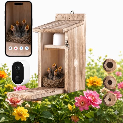 Smart Bird House with Camera, Wooden Birdhouse for Outdoor Bird Watching, App Live View, Color Night Vision, Motion Detection, 2-Way Audio, Waterproof Bird Nesting Box - color: Natural Walnut, size: Wired Edition