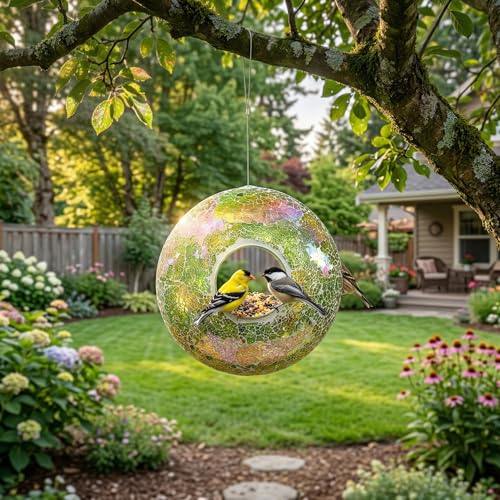 DUSVALLY Hanging Bird Feeder, 9 Inch Mosaic Glass Fly Through Bird Feeder | Mosaic Glass Bird Feeder • Fly Through Design • Hanging Outdoor Feeder • Drainage Hole • Easy to Fill & Clean - color: Green