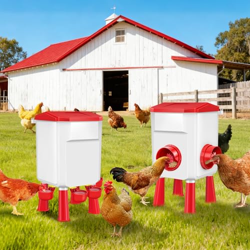 Auto No Waste Chicken Feeder and Waterer Set 2 Gallon/17.6 Pounds | Sturdy & Durable Chick Feeder and Waterer Set, Poultry Feeder Large for Hens/Ducks/Poultry - color: Red