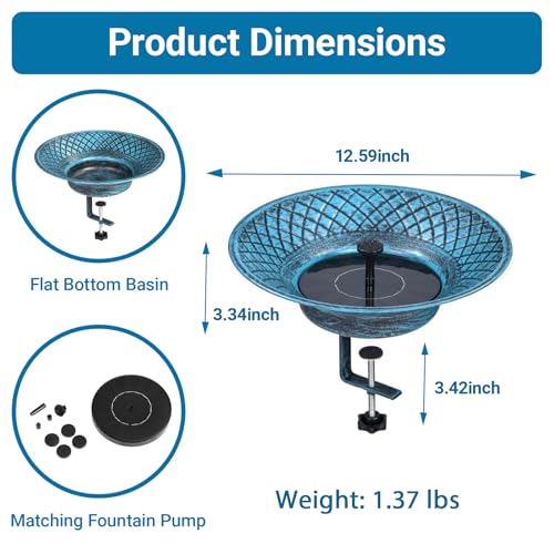 12.6" Solar Bird Bath for Deck Railing, Detachable Metal Bird Bath Bowl | Deck Bird Bathwith 3.5" Sturdy Clamp, Adjustable Deck Bird Feeder for Outside, 2-in-1 Bird Bath for Patio - color: Blue