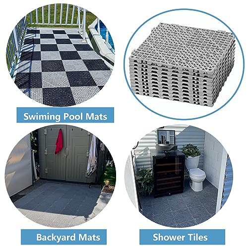 12” x 12” Drainage Interlocking Floor Mats 8 Pack for Outdoor and Indoor | Non-Slip Pool Deck Drain Mats Soft PVC Splicing Modular Cushion Rubber Flooring Tiles with Holes for Basement Garage Shed - size: Grey