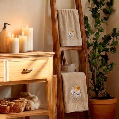 SmoothNovelty 2 Pcs Neutral Boho Floral Hand Towels for Bathroom 14x29 Inch | Embroidered Boho Flower Bathroom Hand Towels, 100% Cotton, Soft Absorbent, Spring Summer Khaki Bathroom Kitchen Decor - style: Neutral Boho Floral