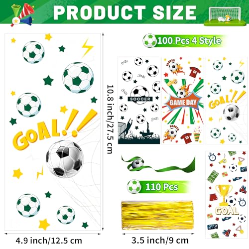 QOIUSO 100PCS Soccer Cellophane Treat Bags - Clear Plastic Goodie Bags with 110 Gold Twist Ties - Soccer Party Favor Bags for Snacks, Game Day, Sports Events, Birthday & School Activities - color: Soccer-100pcs
