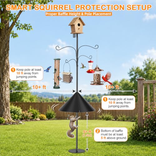 Bird Feeder Pole 100 Inch with Squirrel Baffle and 4 Feeder Hooks Heavy Duty Adjustable Bird House Pole with Top and Side Mount for Smart Feeders, Bluebird Houses, Yard and Garden - size: 100 INCH