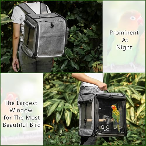 Bird Carrier with Seat Belt for Car Travel, Bird Backpack Carrier with Indestructible Stainless Steel Mesh, Large Bird Carrier Travel Cage, Grey - color: Grey, size: 13.5"L x 10.0"W x 15.5"H