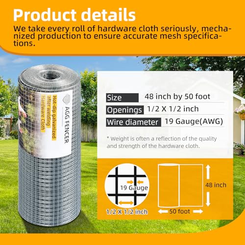 48inch x 50ft Hardware Cloth 1/2 inch Chicken Wire Fencing 19Ga | Hot Dipped Galvanized After Welding Garden Plant Supports Welded Metal Chicken Wire Fence Poultry Animal Netting Cage Screen - size: 1/2in 48in x 50ft