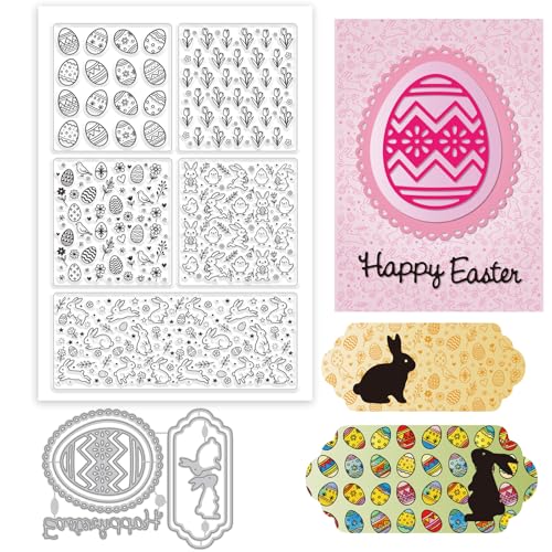 GLOBLELAND Easter Background Clear Stamps and Metal Die Cuts Spring Rabbit Transparent Stamp Easter Egg Frame Cutting Dies for Card Making Embossing Scrapbooking - style: Easter Background