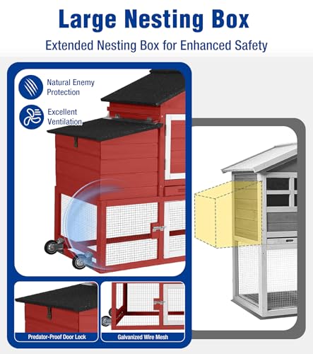 Chicken Coop with Run and Wheels Outdoor Poultry Hen House with Slide-Out Tray Chicken Cage Weatherproof Roof Predator-Proof for Backyard Red - color: 72.3"L Red & White