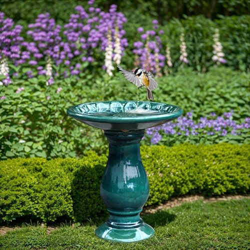 LuxenHome 22 Inch Ceramic Bird Bath for Outside, Elegant Tall Outdoor Bird Bath, Lightweight Pedestal Glazed Birdbaths for Outdoors with Floral Pattern, Dark Green - color: A Dark Green