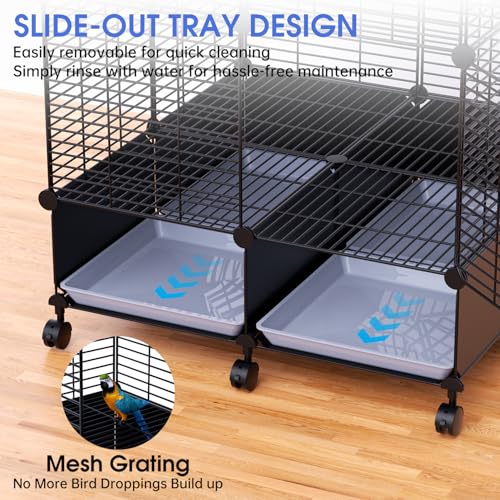 Flight Bird Cage, Large Metal Parakeet Cage with Wheels | With Perches, Slide-Out Trays, Bowls & Bird Toys for Cockatiels, Lovebirds & Small to Medium Birds, 25.5" x 25.5" x 46"