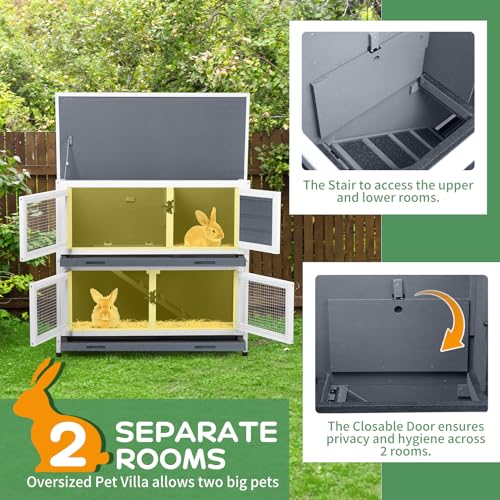 2 Story Solid Wood Rabbit/Bunny Hutch with 2 Large Main Rooms, Indoor Outdoor Rabbit House Guinea Pig Cage Pet House for Small Animals with Ventilation Door Removable Tray Waterproof Roof (Grey) - color: Grey