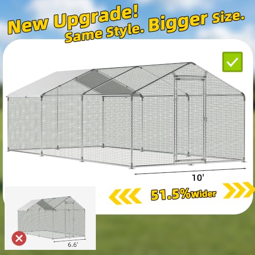 Large Metal Chicken Coop Round Top Upgrade Tri-Supporting Wire Mesh Chicken Run,Chicken Pen with Water-Resident and Anti-UV Cover,Duck Rabbit House Outdoor (Spire Roof 10’ W x 19.5’ L x 6.5’ H)
