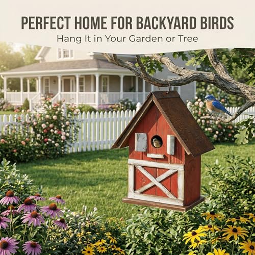Topadorn Rustic Barn-Style Wooden Birdhouse, 10.5" Hanging Bird House | Bird House with Metal Roof, Easy Clean for Bluebirds Cardinals Chickadees, Outdoor Garden Decor