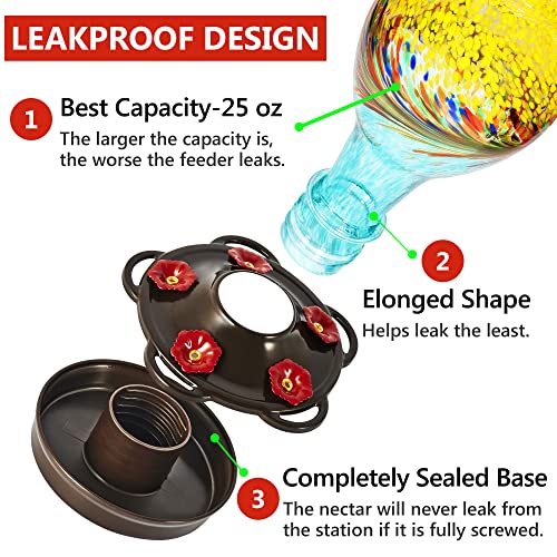 LUJII Hand Blown Glass Hummingbird Feeder for Outdoors with Ant Moat, Leak Proof & Rustproof, 25 fl.oz, Metal Base Cover with 5 Feeding Ports & Perches, Glass Art for Garden Decor (Blue Mixed Yellow) - color: Yellow, size: Small