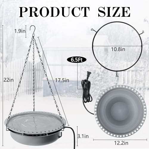 Adnee 1 Set 100W Thermostatical Hanging Heated Birdbath for Winter Outdoor | Winter Heated Bird Bath with Power Cord and Hanging Chain, Hanging Garden Bird Bath for Outside Patio Yard Decor