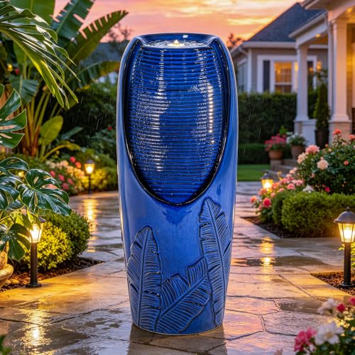 Autodaya 33" H Ceramic Jar Outdoor Water Fountain with Lights, Cobalt Blue | Natural Charm Water Feature with 3D Tropical Leaf Pattern, Soothing Cascading Waterfall for Peaceful Garden Patio Yard Porch - color: 32"h Cobalt Blue New