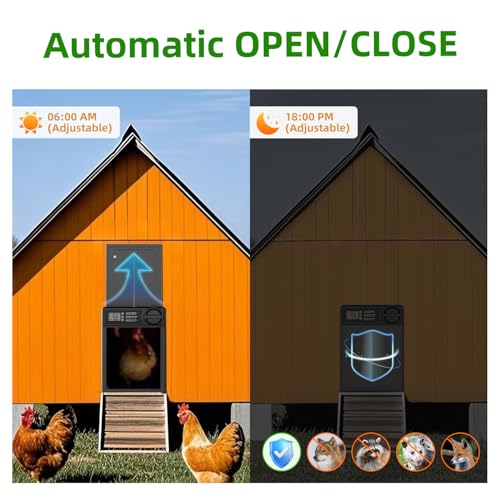Automatic Chicken Coop Door, Battery Powered Electric Chicken Coop Door with Smart Timer, Anti-Pinch Sensor, LCD Display& Low Battery Reminder for Hens, Ducks, Geese Poultry