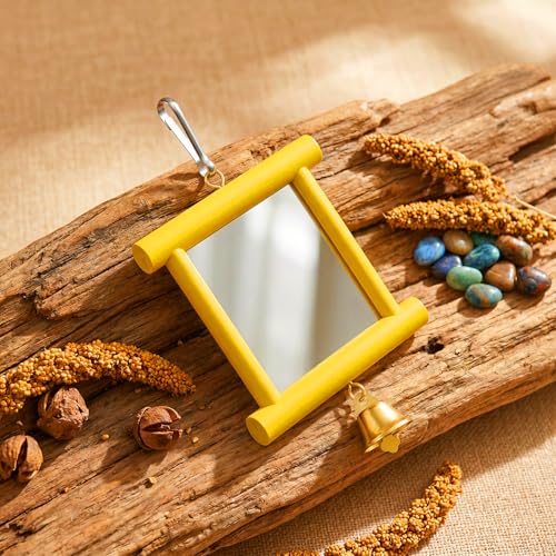 Chicken Mirror Toys with Bell for Coop Enrichment, 4 x4 Inch Hanging Swing Mirror Wooden Pecking Toy for Hens Birds Parrots(Yellow) - color: Yellow