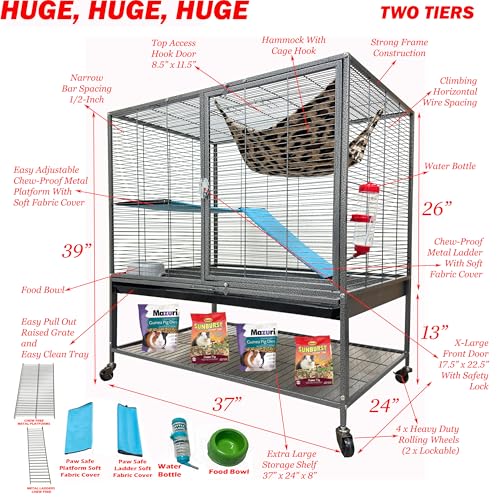 XX-Large 37"x24"x39"H Two Tiers Chew-Proof Large Double Large Front Doors Tight 1/2-inch Wire Spacing for Feisty Ferret Hammock Chinchilla Cat Sugar Glider Home On Wheels - color: Black Vein, size: 37" x 24" x 39"H