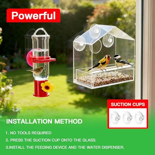 Window Bird Feeder with Hummingbird Waterer（2-Piece Set） - Extra-Large Window for Offer Easy Food & Water Access, Super-Strong Suction Cup, Easy Install & Clean, Sturdy Durable Outdoor Use - size: 2-piece set