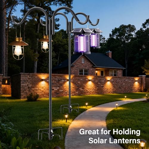【Upgraded Stability】62 Inch Double Shepherds Hook for Outdoor, Heavy Duty Adjustable Bird Feeder Pole with 5 Prongs Base, Multi-Hook Stand for Bird House, Wind Chime, Hummingbird Feeder & Plants - size: 62"