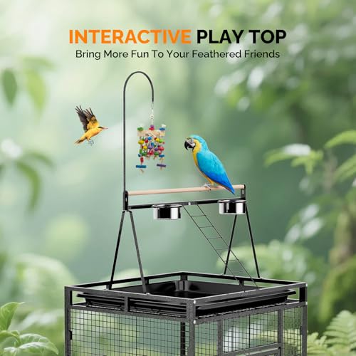 VINGLI 83 Inch Bird Cage with Play Top, Large Wrought Iron Bird Cage with Wheels, Rolling Parakeet Cage with Removable Tray for Cockatiels Lovebird Finches Canaries