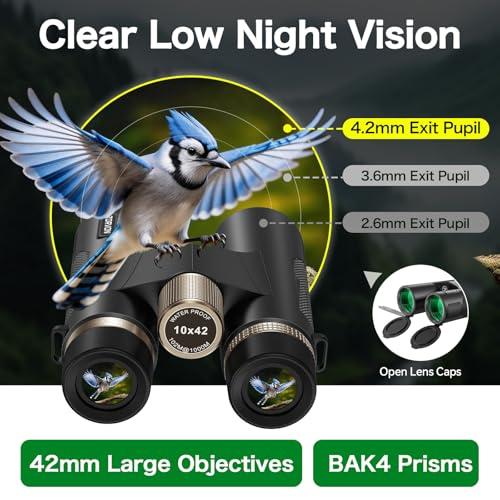 10x42 HD Binoculars for Adults, High Powered Binoculars with BAK4 Prism, Low Light Vision, Easy Focus, Waterproof Binoculars with Large Eyepiece for Bird Watching, Alaska Cruise, Hiking, Hunting - color: Black