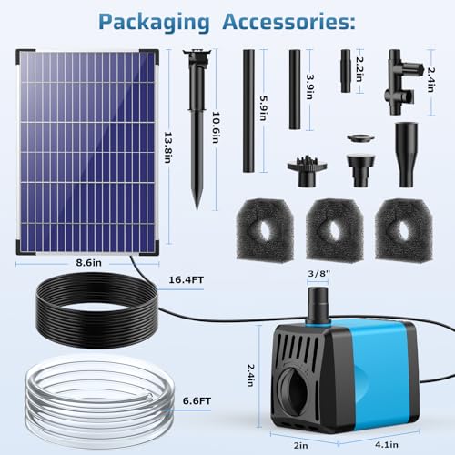 10W Solar Water Fountain Pump, Solar Powered Water Pump with 120GPH Fountain Pump, 4 Sprayers, 16.4ft Cable, 6.6ft Tubing for Outdoor Pond,Bird Bath,Fish Tank and Garden Water Features - size: 10W