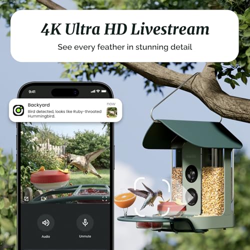 Smart Bird Feeder with 4K AI Camera Solar Powered | Hummingbird Feeder Kit Included, AI Identification Bird Specie, 4K Live Stream, Real-Time Bird Visit Alert, Birdwatching Gift