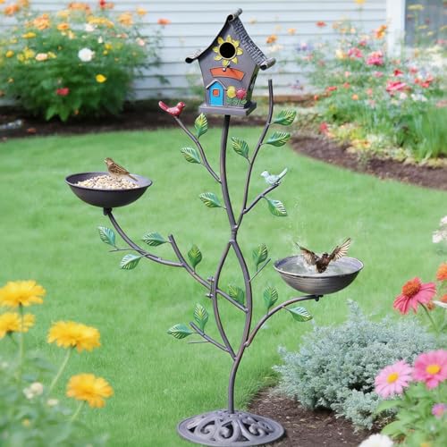 36.8" H Bird Houses for Outside, Metal Bird Bath,Birdhouses for Outdoors | 3-IN-1,Freestanding with Cast Iron Base Bird Feeder, Outdoor Garden & Courtyard Decoration