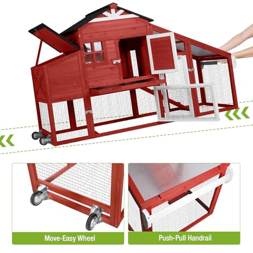 GUTINNEEN Mobile Chicken Coop for 2-4 Chickens with Wheels, Expandable Large Hen House with Run, UV-Protected Roof, Divided Nesting Boxes, Easy One-Person Move, Red - color: Red, size: 65.2"L x 26.4"W x 47.6"H