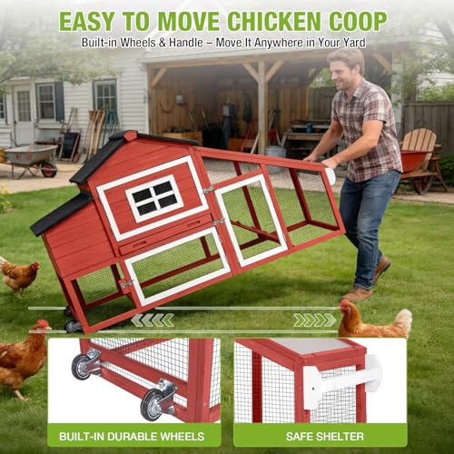GUTINNEEN Chicken Coop with Wheels,Outdoor Hen House with Waterproof Asphalt Roof, Wooden Poultry Enclosure with Easy-Clean Slide-Out Tray,Poultry Cage with Nesting Boxes for Duck Rabbit Chicken-Red - size: 67.3"L x 26"W x 39.4"H-Red