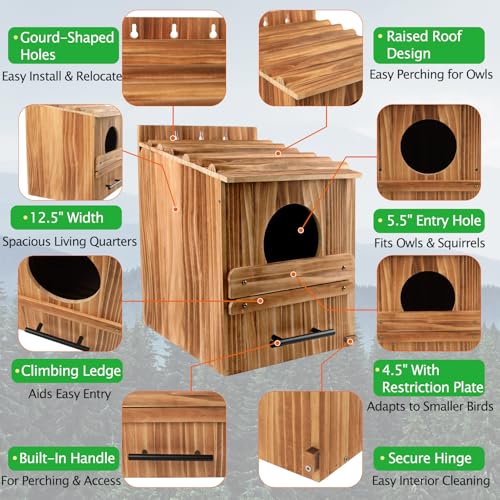 Large Owl Houses for Outdoors, 17" x 12.5" x 12.5" Barn Owl Box | Extra Wide Wooden Bird Nesting Box with Removable Entrance Plate - Habitat for Barn, Screech, Boreal, Saw-Whet & Elf Owls