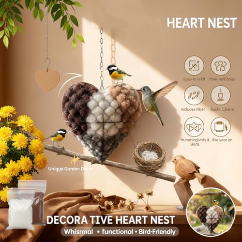 Bird Nesting Heart with Refillable Alpaca Fiber and Cotton Weather-Resistant Iron Frame Nesting Material Holder for Wild Birds Hummingbirds Garden Hanging Bird House Winter Shelter Decor Gift