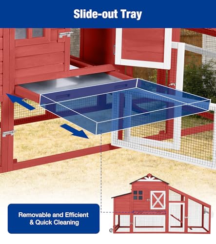 Mobile Chicken Coop with Run Outdoor Hen House with Slide-Out Tray Waterproof Roof Large Nesting Box 2 Perches Non-Slip Ramp Red - color: 73.4“L Red & White