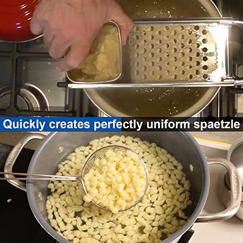 KEISSCO Stainless Steel Spaetzle Maker with Comfort Grip Handle, Homemade Traditional German Egg Noodle Dumpling Making Tool Set - color: Spaetzle Maker & Black Strainer