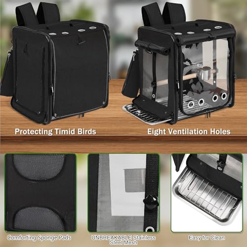 Bird Carrier with Seat Belt for Car Travel, Bird Backpack Carrier with Indestructible Stainless Steel Mesh, Large Bird Carrier Travel Cage, Black - color: Black, size: 13.5"L x 10.0"W x 15.5"H