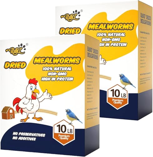 RANZ 20LBS Non-GMO Dried Mealworms for Chickens, High Protein Meal Worms, Premium Chicken Feed, Whole Large Mealworms for Blue Birds, Ducks, Fish - size: 20 Pound (Pack of 1)