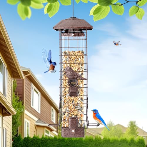 Squirrel Proof Bird Feeder for Outdoors Hanging, Metal 3LB Feeder | Weight activated gravity protection metal feeder with 4 ports for wild birds, chew proof hanging birdfeeder for cardinals