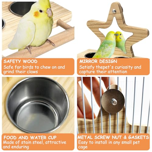 Tfwadmx Parrot Wooden Feeding Cups with Wooden Platform Stainless Steel Birds Bowls Food Water Bowls with Bird Food Holder for Cockatiel Conure Budgie Parakeet Macaw Lovebird