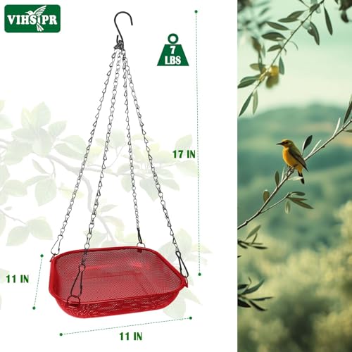 Hanging Platform Bird Feeder, 11 in Square, Red | Stainless Steel Mesh Seed Tray, Backyard & Patio, Outdoor Use - color: Red - Square