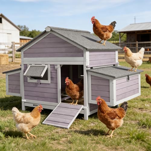Large Chicken Coop for 2-4 Hens, Outdoor Wooden Hen House with 4 Nesting Boxes, Weatherproof Asphalt Roof, Dual Ramp Doors, Pull-Out Tray - color: Grey, size: 67.2"L(4-6 chickens)
