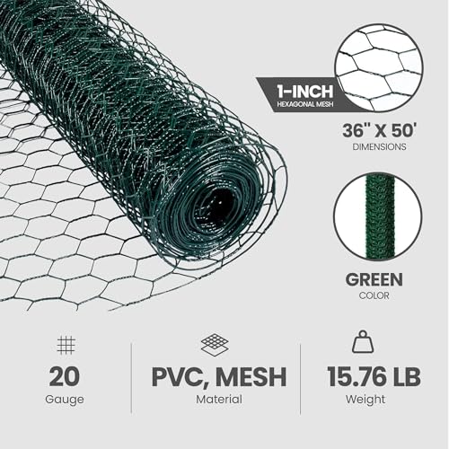 YardGard Galvanized PVC Coating Hexagonal Poultry Netting for Confinement and Support of Animals, Plants, Soil or Compost Materials, Green