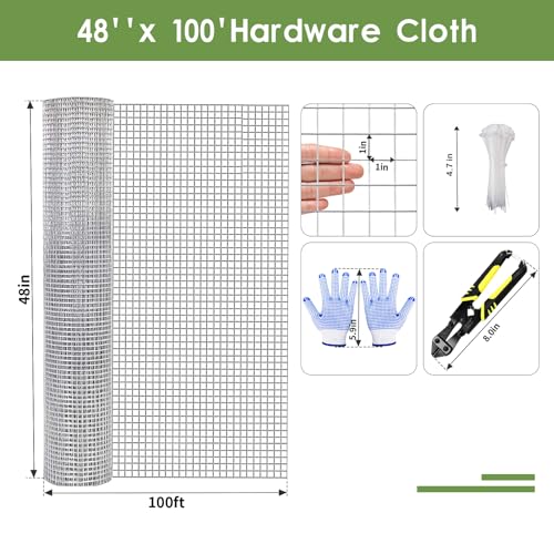 Tongmo 48" x 100' Hardware Cloth, 1inch Mesh Galvanized Chicken Wire Fence, 19 Gauge Welded Wire Roll,Garden Fence, Poultry Netting for Rabbit/Duck/Chicken Coop