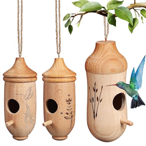 NUOBESTY Hummingbird House, 3 Pack Natural Beech Wood Bird House for Outside Hanging, Small Bird Nest Shelter for Finch Chickadee, Home, Outdoors, Garden Decor