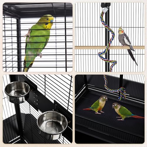 70" Large Bird Cage with Play Top, Metal Parrot Cage with Storage Cabinet | Tall Big Bird Flight Cage with Pull-Out Tray, Feeders, Cover, Stand, Rope, Aviary for Macaw Parakeet Cockatiel Budgie, Black