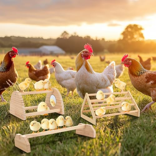BreezeHug 3 Pcs Chicken Roosting Bar Set Wooden Chick Perch Prevent Rotation Design with Mirror Long Strip Large Triangle Stand Platform for Bird Parrot Macaw Hens Coop Brooder Fun Toys Accessories