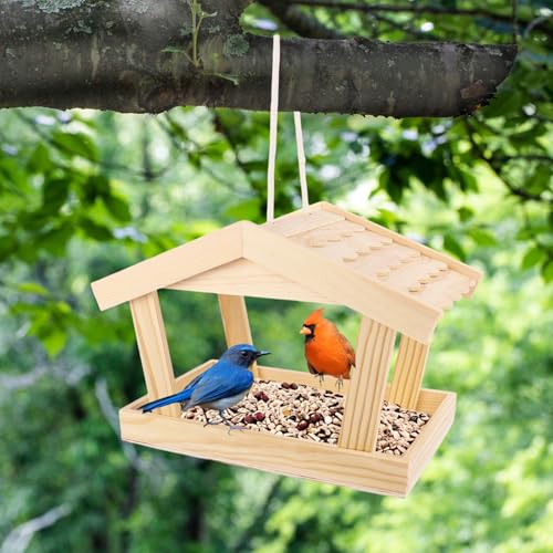 Bird Feeders House, 10x6.3x7.8 Inch Wooden Wild Bird Feeders for Cardinals Finches Bluebird Mealworm, Platform Bird House Feeder for Garden Yard Outside Hanging, Unfinished Wood