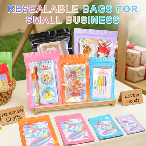 ANZNKU 100PCS Holographic Red Mylar Bags, Resealable Smell Proof 6.3x9.4 | Sealable Pouches with Clear Window, Small Business Jewelry Candy Treat Sample Packaging, Plastic Zip Goodie Gift Baggies - color: Red, size: 6.3 x 9.4 Inch