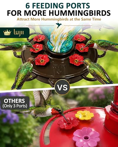 LUJII Smart Hummingbird Feeder with Camera for Outdoor Hanging, Hand Blown Glass, Solar WiFi Feeder with Live View App, 6 Feeding Ports, Leak-Resistant Design, Ant Moat & Gift Box, 28 fl oz, Teal - color: Teal, size: Large